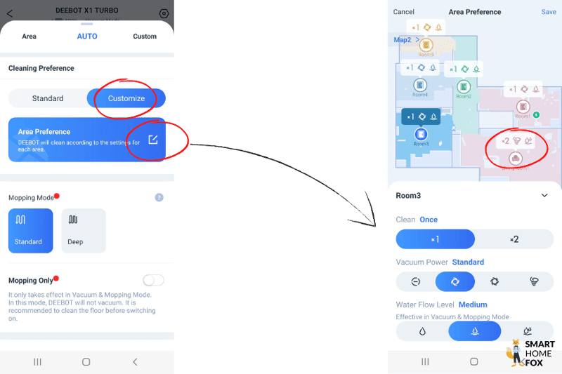 Die Wasserabgabe und die Saugkraft wird für jedes Zimmer einzeln in der Ecovacs Home App festgelegt
